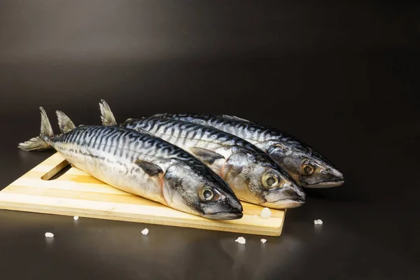 Mackerel Дерев Яній Обробній Дошці Сіллю Чорному Тлі — стокове фото