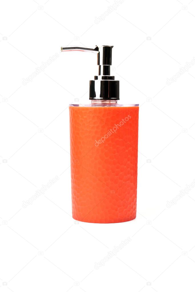 Red bottle with metal dispenser isolated on white background