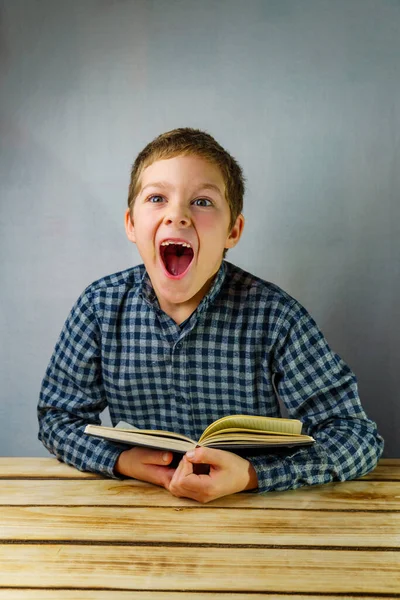 Ein Gähnendes Kind Karierten Hemd Lacht Während Ein Buch Den — Stockfoto