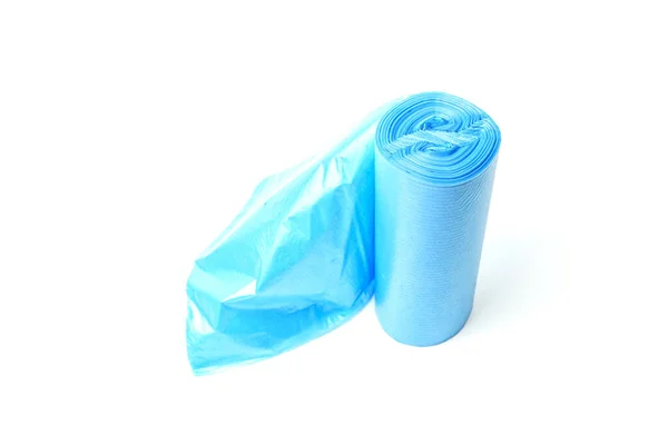 Rouleau Sacs Poubelles Plastique Bleu Isolé Sur Fond Blanc — Photo