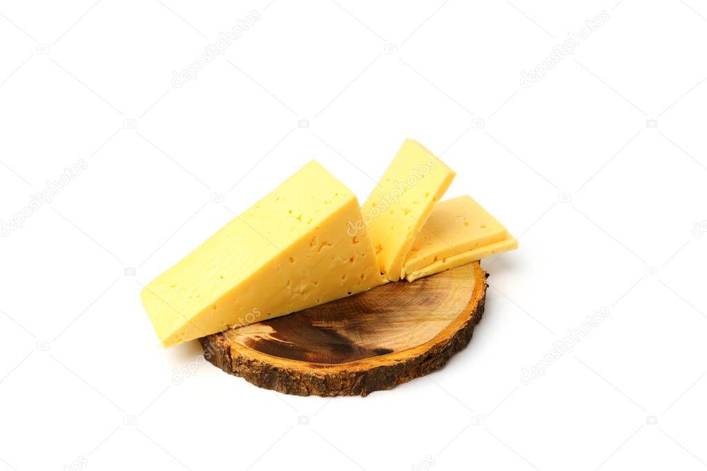 Dutch cheese. Slice of cheese sliced on a round cutting board isolated on white background
