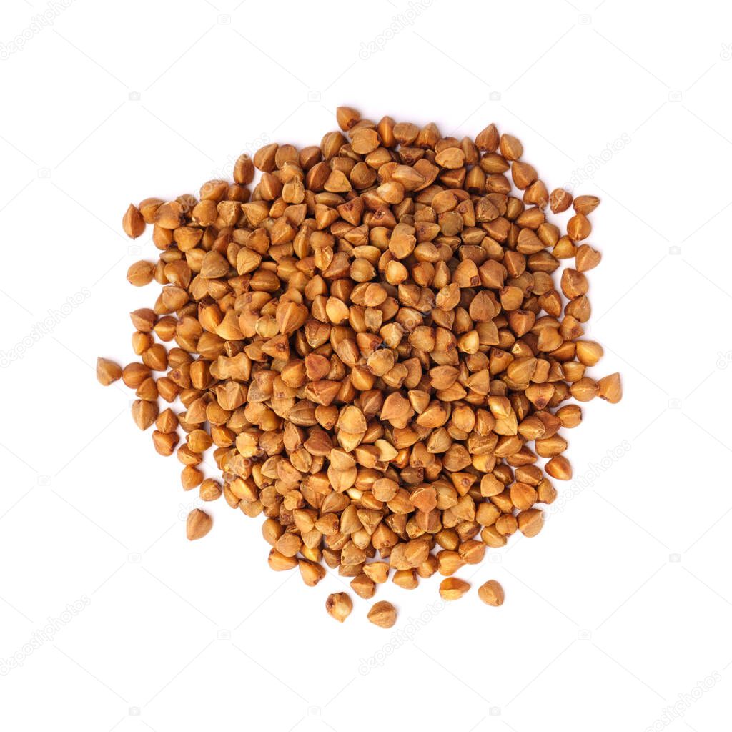 Buckwheat isolated on white background top view. Healthy food concept