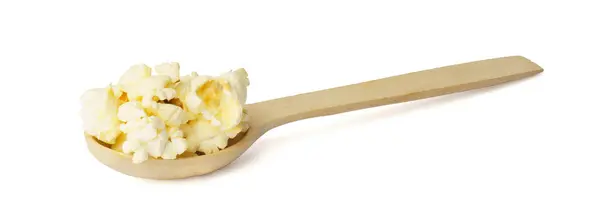 Popcorn Cucchiaio Legno Isolato Fondo Bianco Piena Profondità Campo — Foto Stock