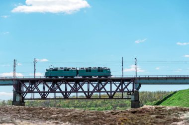 Tren yeşil doğanın zeminine karşı tren köprüsünden geçiyor. Güzel yaz manzarası