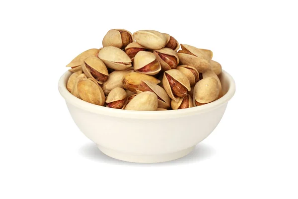 Pistachios White Plate Isolated White Background Fried Salted Pistachios — Stock Photo, Image