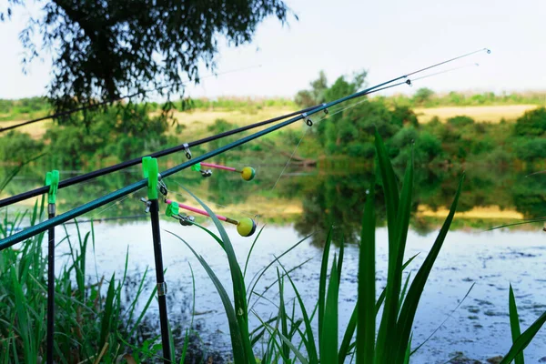 Fishing Rod River Bank Catching Fish Sunrise Close — Stock Photo, Image