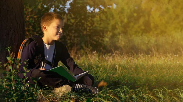 Ein Fröhlicher Junge Sitzt Mit Einem Buch Unter Einem Baum — Stockfoto