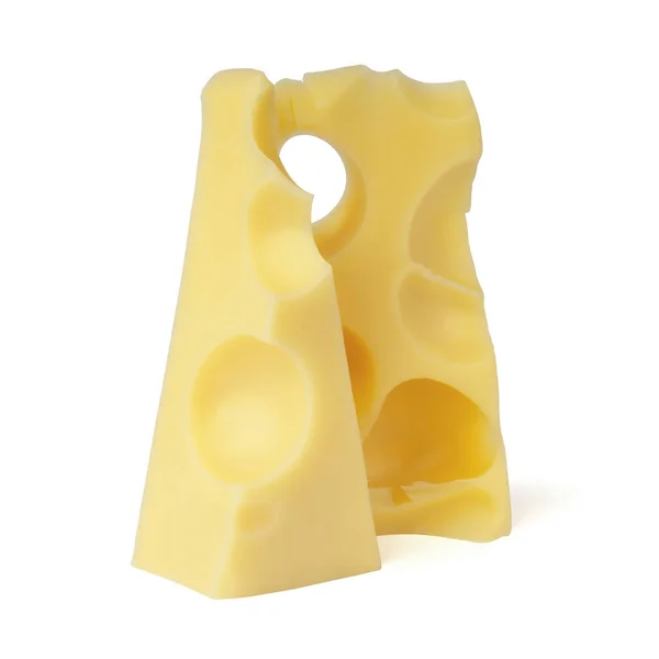 チーズは白地に隔離されてる 二つの大きな穴のある三角形のチーズ — ストック写真