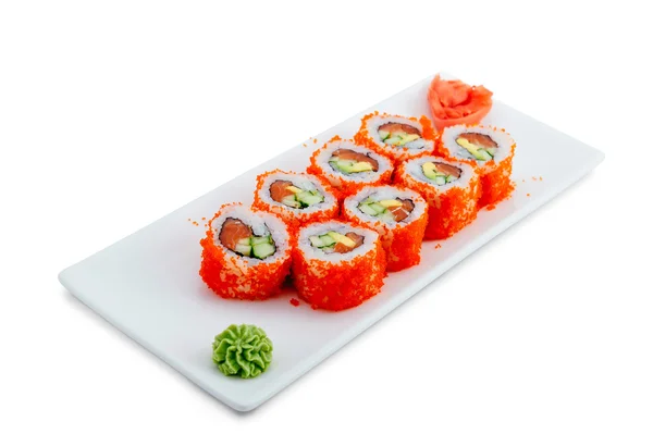 Japanse zeevruchten sushi, roll op een witte achtergrond — Stockfoto