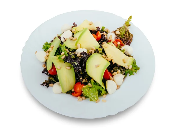 Здоровий і смачний салат з морепродуктів на білому тлі в меню ресторану. концепція їжі — стокове фото
