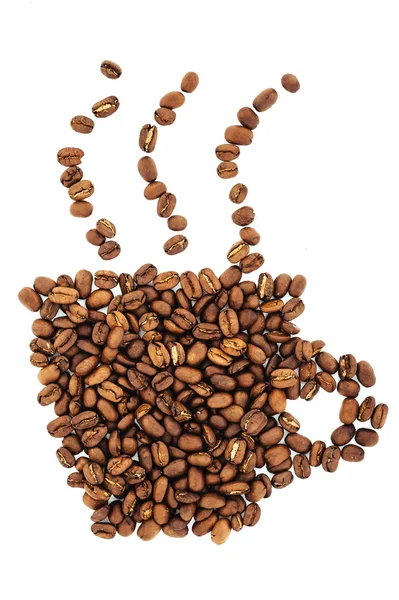 Kaffeetasse und Dampf aus Bohnen, Getreide. isoliert auf weißem Hintergrund. retro — Stockfoto