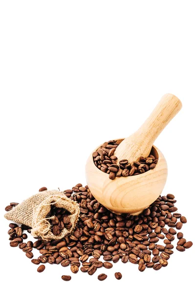 Coffee beans in wooden bamboo mortar isolated on white background. coffee beans isolated on white background. — Stock Photo, Image