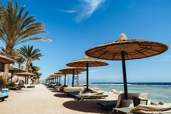 Чудесный солнечный пляж Красного моря в роскошном отеле на закате. Шарм Эль Шейх, Синай, Египет. Золотой закат с горами и большой волной
.