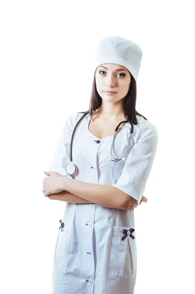 Médico sorridente mulher com estetoscópio. Isolado sobre fundo branco — Fotografia de Stock