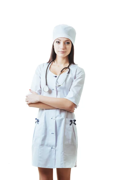 Smiling medical doctor woman with stethoscope. Isolated over white background — Stock Photo, Image