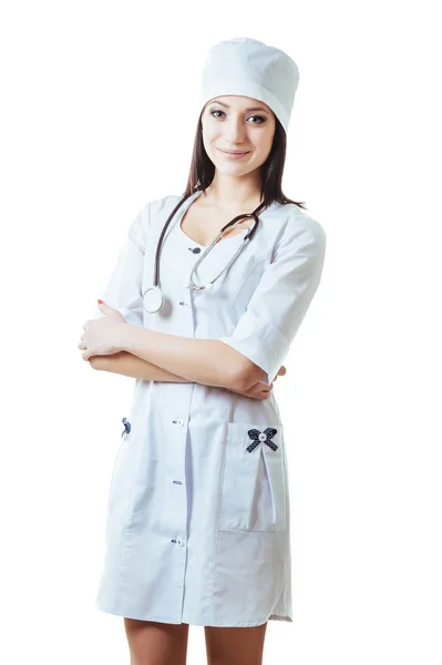 Smiling medical doctor woman with stethoscope. Isolated over white background — Stock Photo, Image