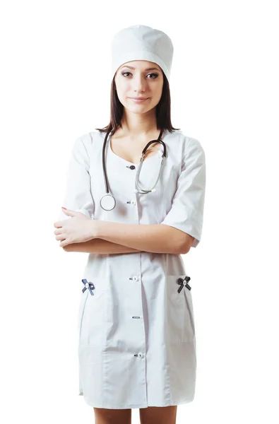 Médico sonriente mujer con estetoscopio. Aislado sobre fondo blanco —  Fotos de Stock