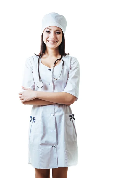 Médico sorridente mulher com estetoscópio. Isolado sobre fundo branco — Fotografia de Stock