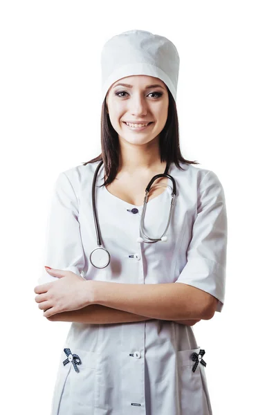 Médico sonriente mujer con estetoscopio. Aislado sobre fondo blanco —  Fotos de Stock