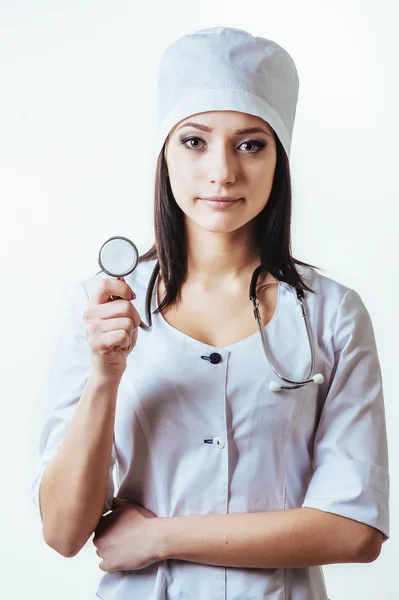 Smiling medical doctor woman with stethoscope. Isolated over white background — Stock Photo, Image