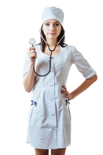 Smiling medical doctor woman with stethoscope. Isolated over white background — Stock Photo, Image