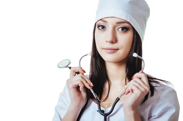 Smiling medical doctor woman with stethoscope. Isolated over white background — Stock Photo, Image