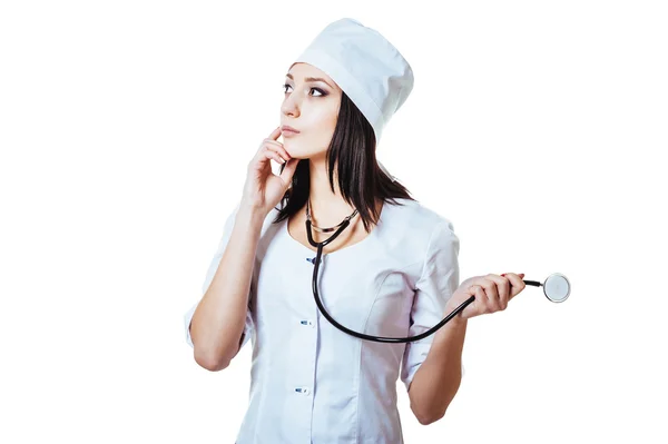 Smiling medical doctor woman with stethoscope. Isolated over white background — Stock Photo, Image