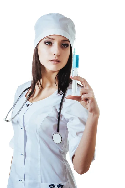 Woman in face mask and white lab coat. Doctor or nurse with syringe isolated. Medical person for health insurance. — Stock Photo, Image