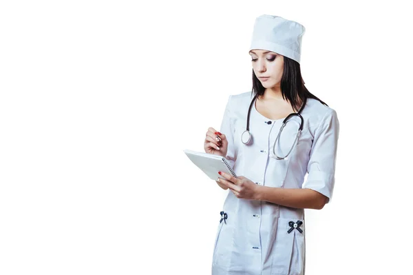 Smiling medical doctor woman with stethoscope. Isolated over white background — Stock Photo, Image