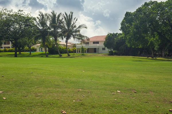 Golf course in Dominican republic. field of grass and coconut palms on Seychelles island. — Stock Photo, Image