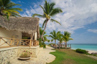 Palmiye ağaçlarının Dominik Cumhuriyeti vahşi tropikal Karayipler kum plaj. Sakin resort. Karayip Denizi. günbatımı zamanı, Seychelles adaları