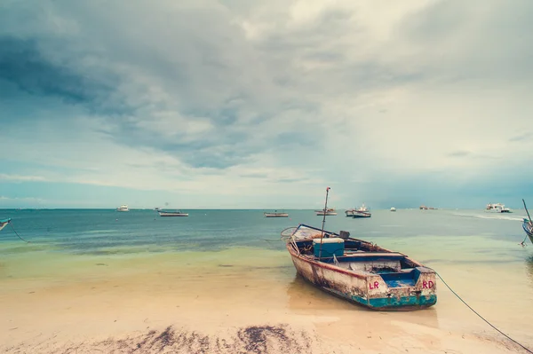 ชายหาดเขตร้อนที่ไม่มีการแตะต้องด้วยปาล์มและเรือประมงในสาธารณรัฐโดมินิกัน — ภาพถ่ายสต็อก