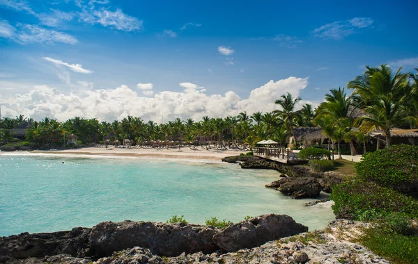 在多米尼加共和国、 塞舌尔、 加勒比、 毛里求斯、 菲律宾、 巴哈马的远程热带天堂海滩上放松. — 图库照片