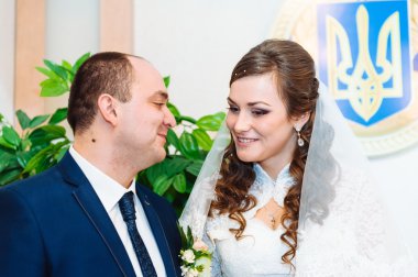 Evlilik kayıt. Gelin ve damat evlilik sertifika imzalama. Genç çift düğün belgelerin imzalanması.