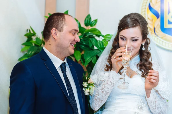 The marriage register. Bride and Groom Signing Marriage Certificate. Young couple signing wedding documents. — Stock Photo, Image