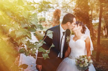 gelinlik içinde öpüşme genç bir çift. Gelin holding buket çiçek