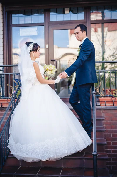 Bride and groom standing on stairs — Stock Photo, Image