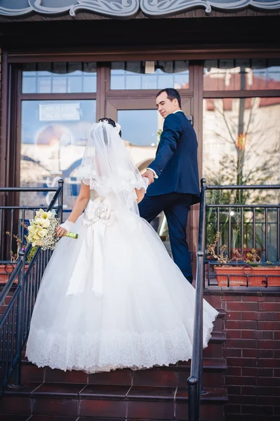 Sposa e Sposo in piedi sulle scale — Foto Stock