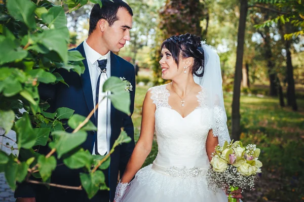 Junges Paar küsst sich im Brautkleid. Braut mit Blumenstrauß — Stockfoto