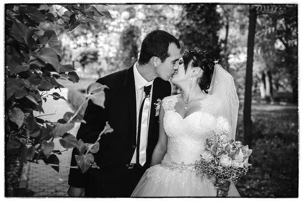 Casal jovem beijando no vestido de casamento. Noiva segurando buquê de flores — Fotografia de Stock