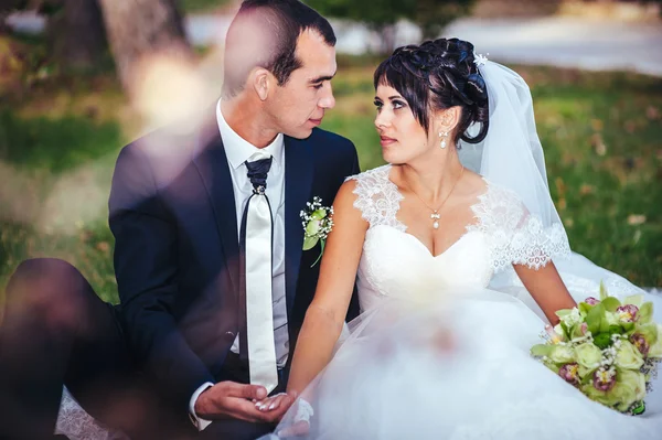 若いカップルが結婚式のガウンにキスします。花嫁持株花束 — ストック写真
