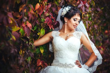 parlak buket elinde tutan güzel genç gelin portresi. düğün kutlama. doğa yeşil arka plan. açık havada parkta yalnız kadın