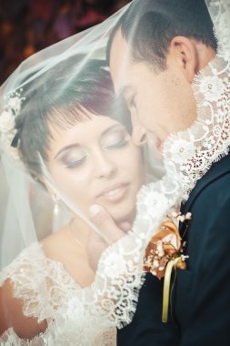 gelinlik içinde öpüşme genç bir çift. Gelin holding buket çiçek