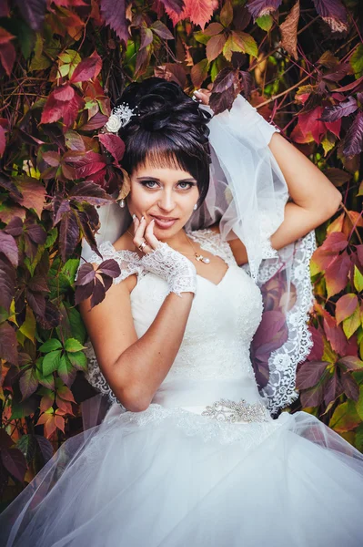 Retrato de bela noiva jovem segurando buquê brilhante em mãos. Celebração de casamento. natureza fundo verde. mulher sozinha ao ar livre no parque — Fotografia de Stock