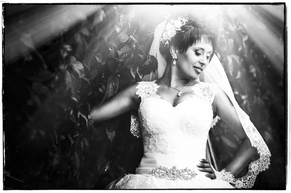 Retrato de hermosa novia joven sosteniendo ramo brillante en las manos. celebración de la boda. naturaleza fondo verde. mujer sola al aire libre en el parque —  Fotos de Stock