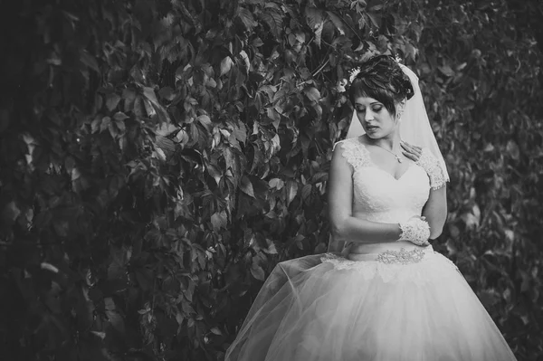 Retrato de bela noiva jovem segurando buquê brilhante em mãos. Celebração de casamento. natureza fundo verde. mulher sozinha ao ar livre no parque — Fotografia de Stock