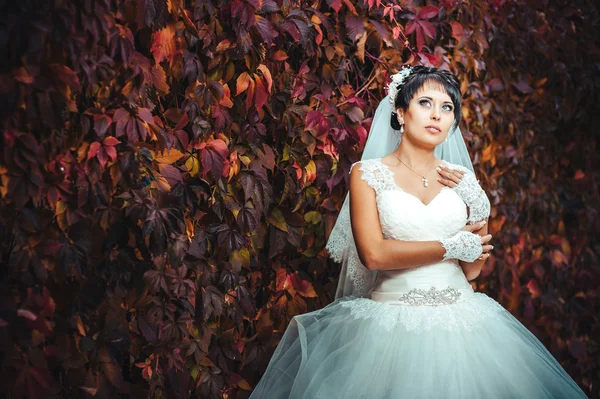 Retrato de bela noiva jovem segurando buquê brilhante em mãos. Celebração de casamento. natureza fundo verde. mulher sozinha ao ar livre no parque — Fotografia de Stock