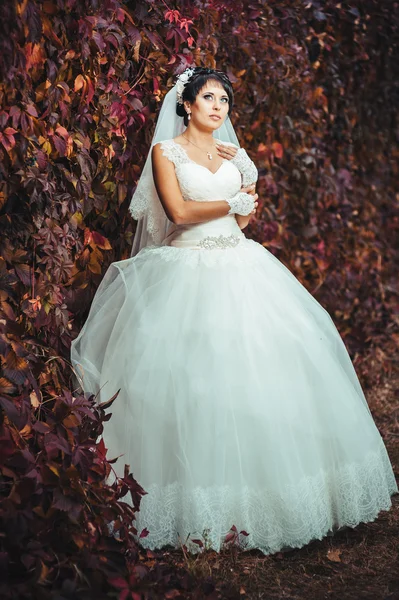 明るい花束を手で保持して美しい若い花嫁の肖像画。結婚式のお祝い。自然緑の背景。女性一人で公園で屋外 — ストック写真