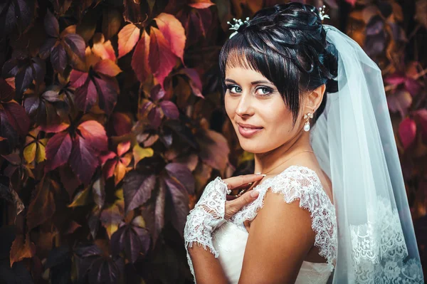 Retrato de bela noiva jovem segurando buquê brilhante em mãos. Celebração de casamento. natureza fundo verde. mulher sozinha ao ar livre no parque — Fotografia de Stock