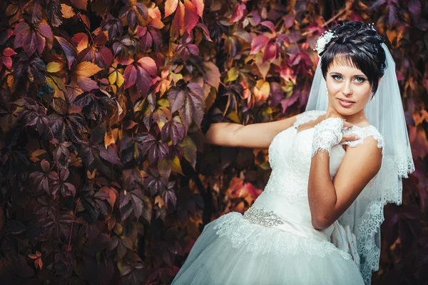 Portret van mooie jonge bruid heldere boeket in handen houden. huwelijksfeest. natuur groene achtergrond. vrouw alleen buiten in het park — Stockfoto